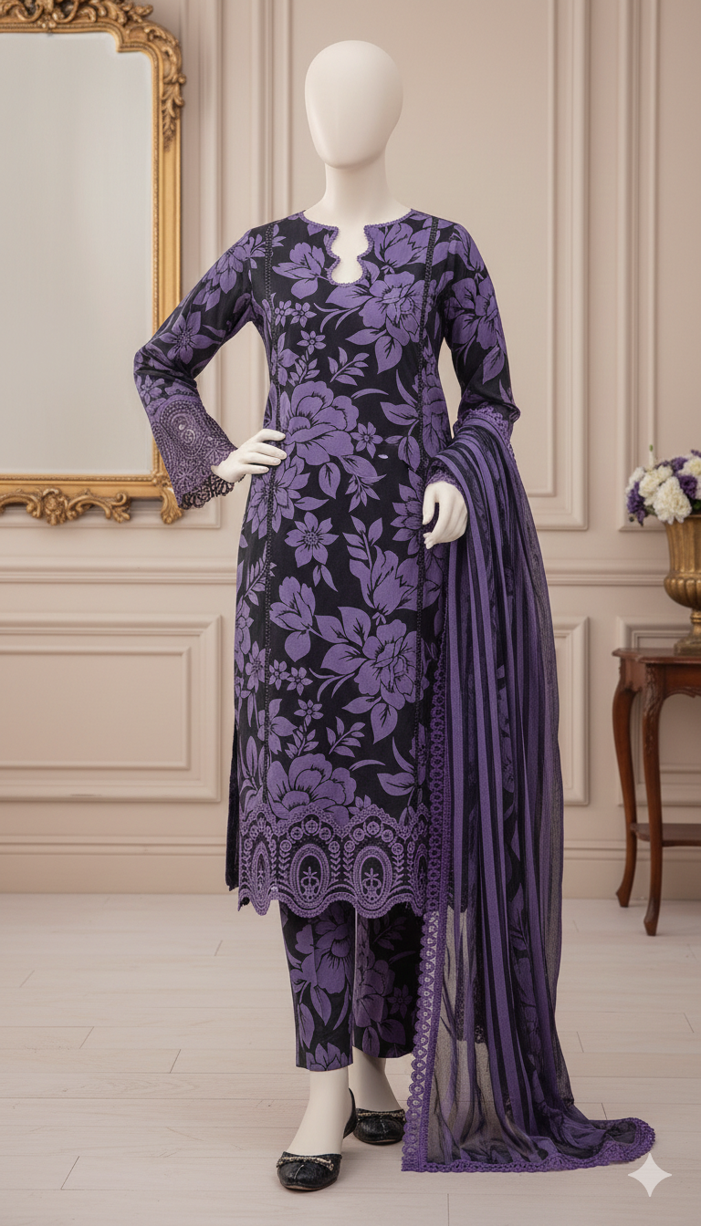 Lavender Bloom 3-Piece Unstitched Embroidered Lawn Suit – Floral Elegance  (LEU 5040)