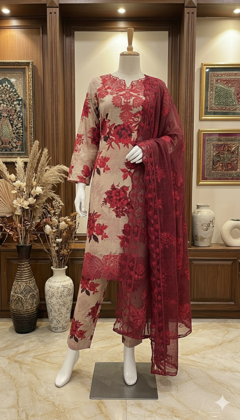 Beige & Maroon Embroidered Suit with Intricate Cutwork Lace Border (LEU 5053)