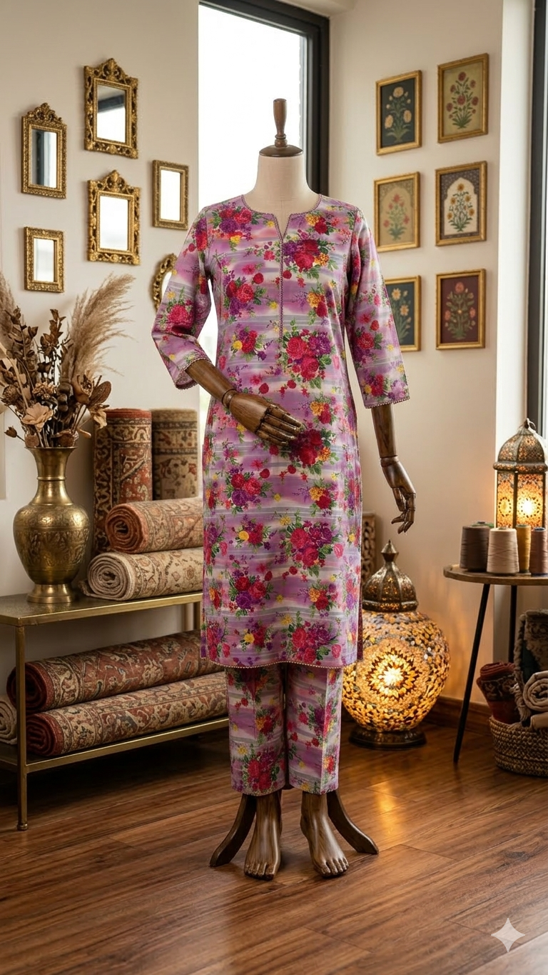 Midnight Garden Printed Cotton 2-Piece Suit with Striped Accents (PCU 5022)