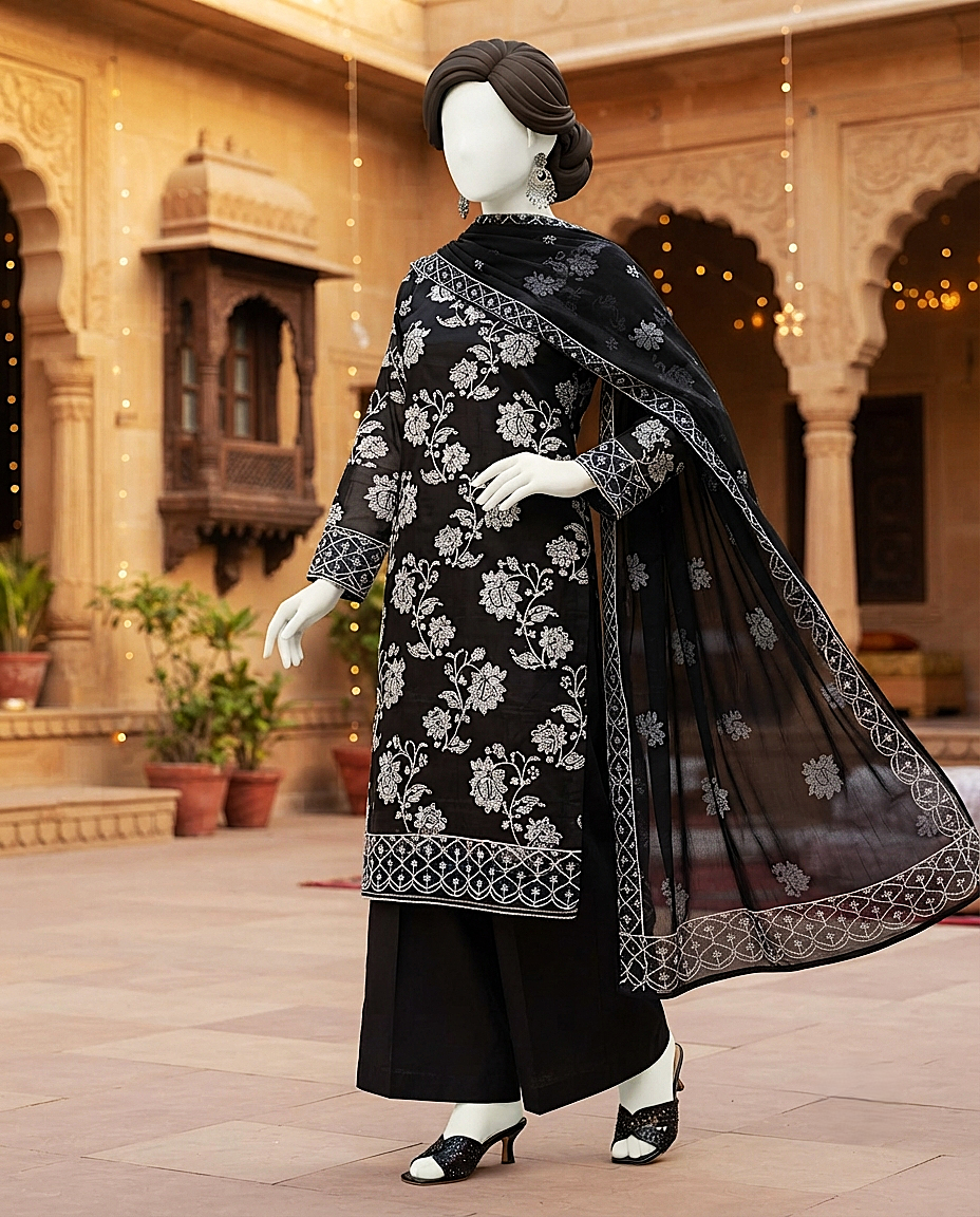 Detailed standing view of unstitched black embroidered lawn dress featuring custom daman patch and sleeves
