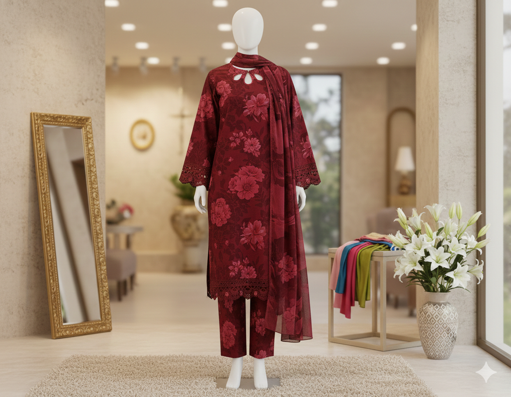 Deep maroon 3-piece suit with tonal floral print and laser-cut lace borders.