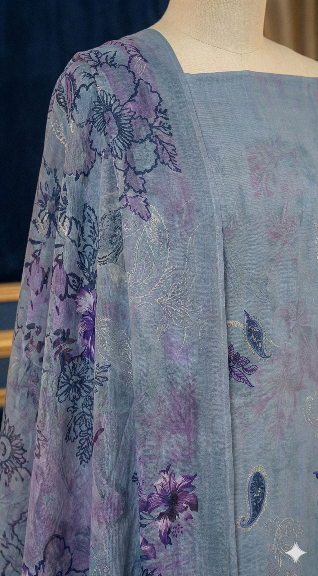 Light blue fabric with purple floral patterns on a mannequin