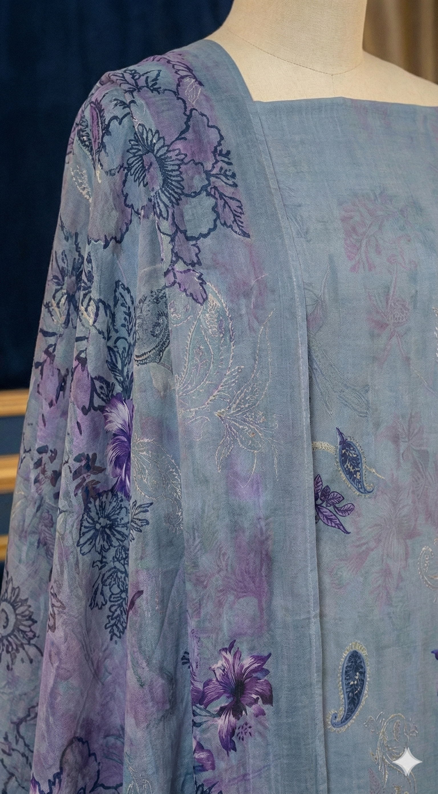 Light blue fabric with purple floral patterns on a mannequin