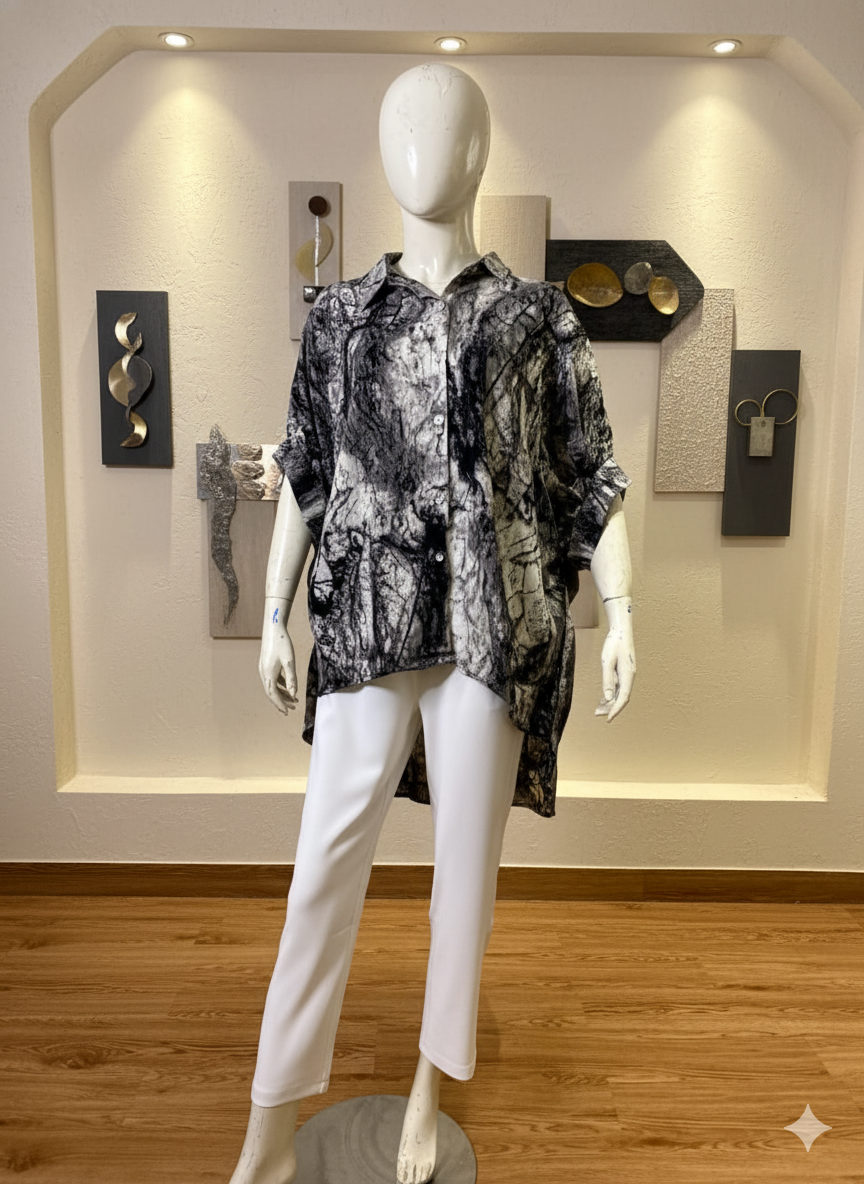 Bold Print Hi-Low Tunic Shirts | Contemporary Oversized Blouse Collection (9003)