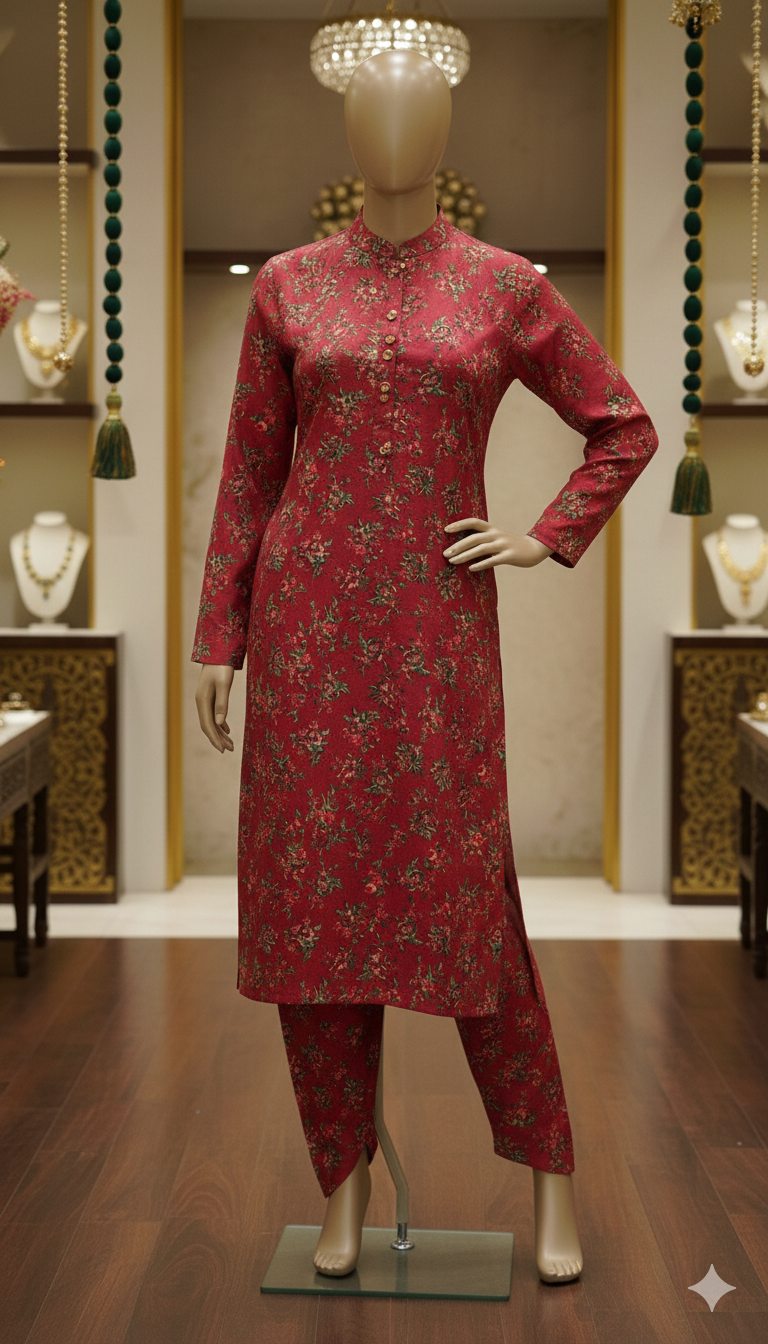 Ruby Radiance Floral Kurti Set – 3-Piece Festive Wear (PCU 5022)