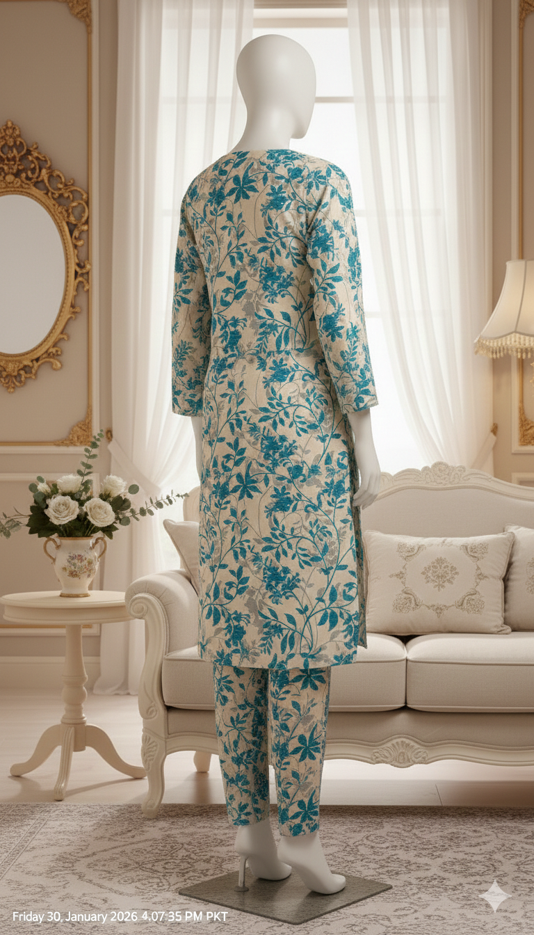 ZH2 Porcelain Teal Vine – 2pc Premium Cotton Unstitched Suit (PCU 5022)