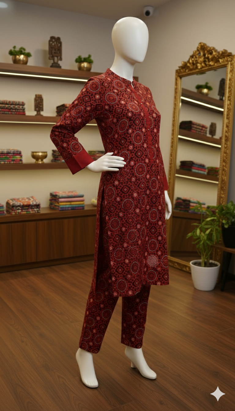 ZH2 Deep Maroon Heritage Print – 2pc Premium Cotton Unstitched Suit (PCU 5022)