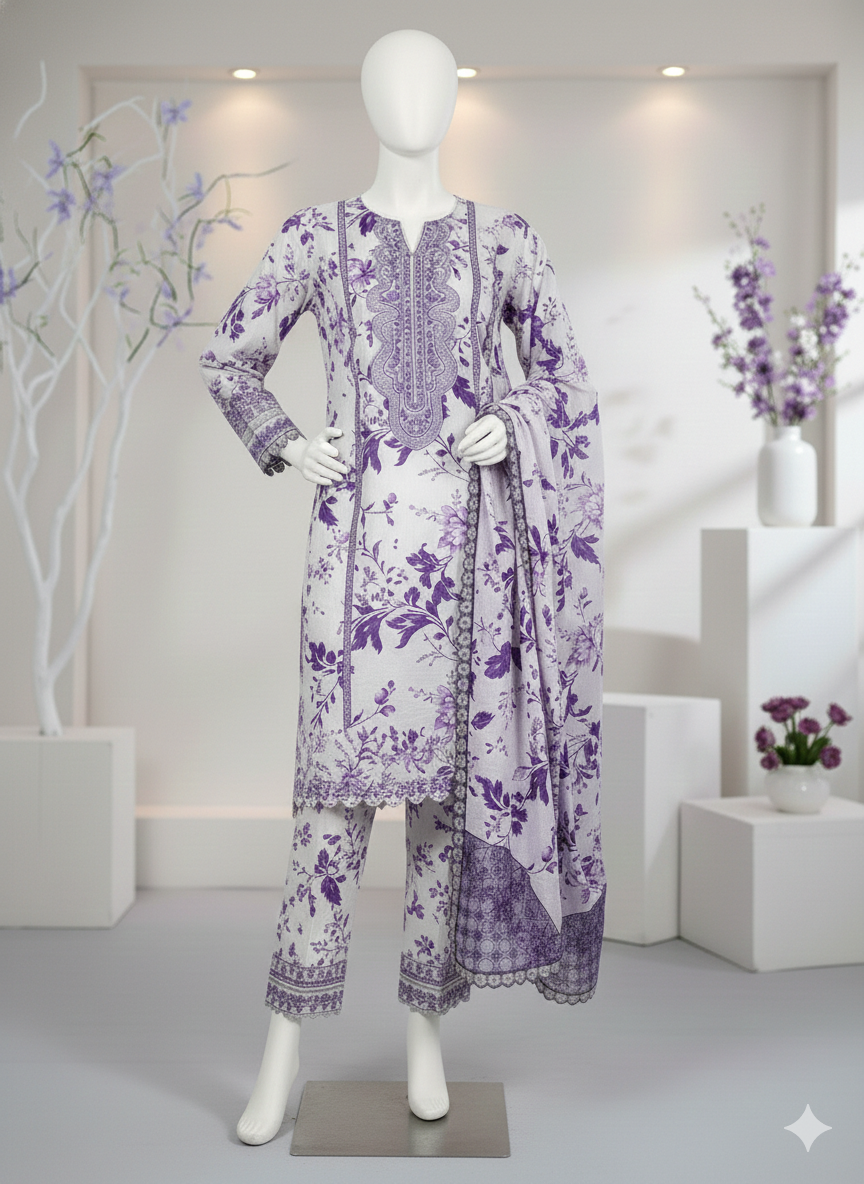 Lavender Bloom 3-Piece Unstitched Embroidered Lawn Suit – Floral Elegance (LPU 5037)