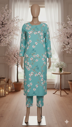 ZH2 Premium Cotton 2-Piece Unstitched Suit - Aqua Teal Floral (PCU 5022)
