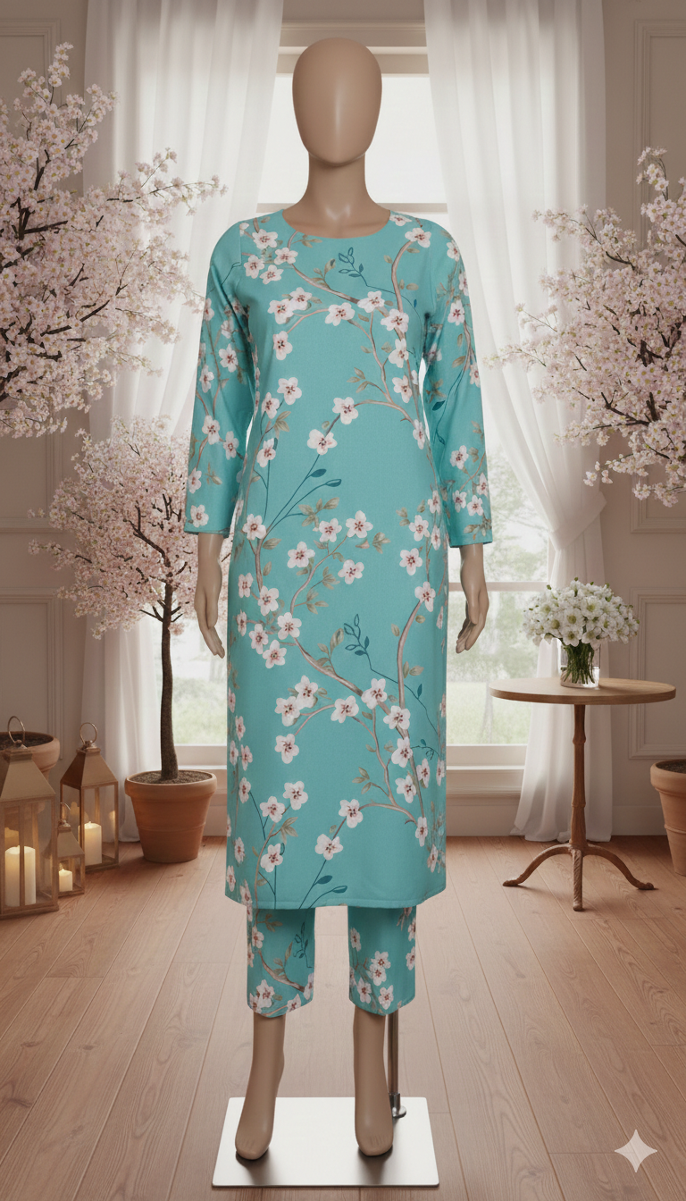 ZH2 Premium Cotton 2-Piece Unstitched Suit - Aqua Teal Floral (PCU 5022)