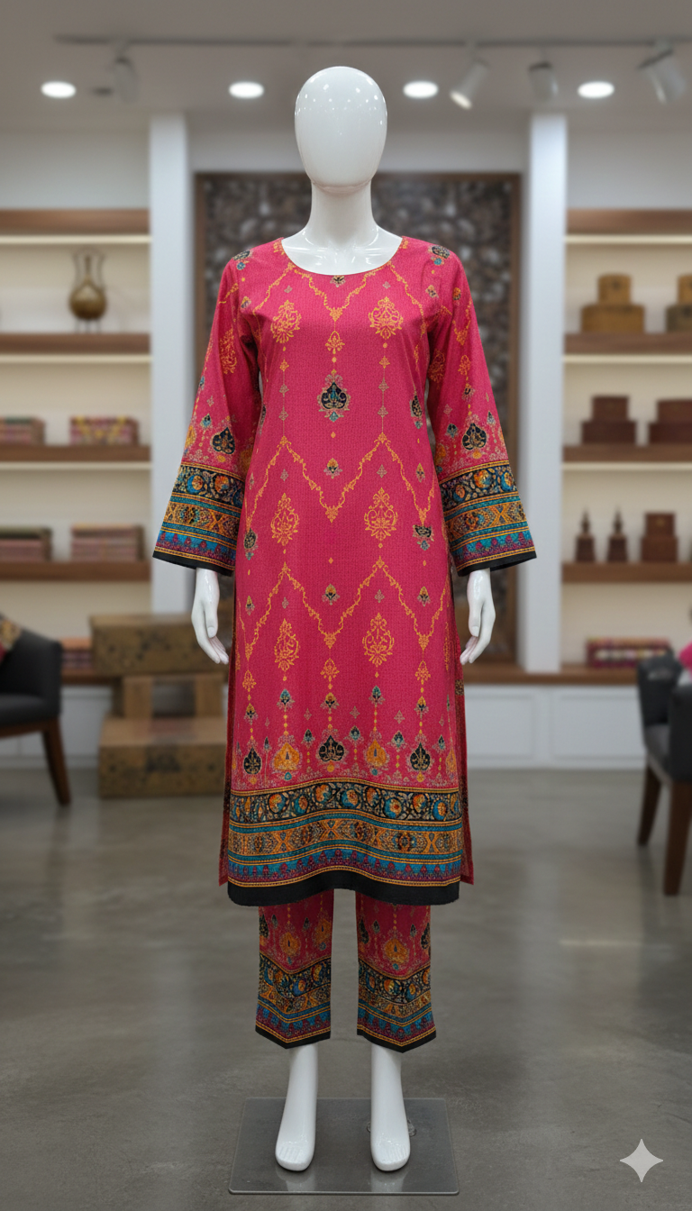 ZH2 Radiant Fuchsia Suit | Pink & Teal Unstitched Cotton (PCU 5023)