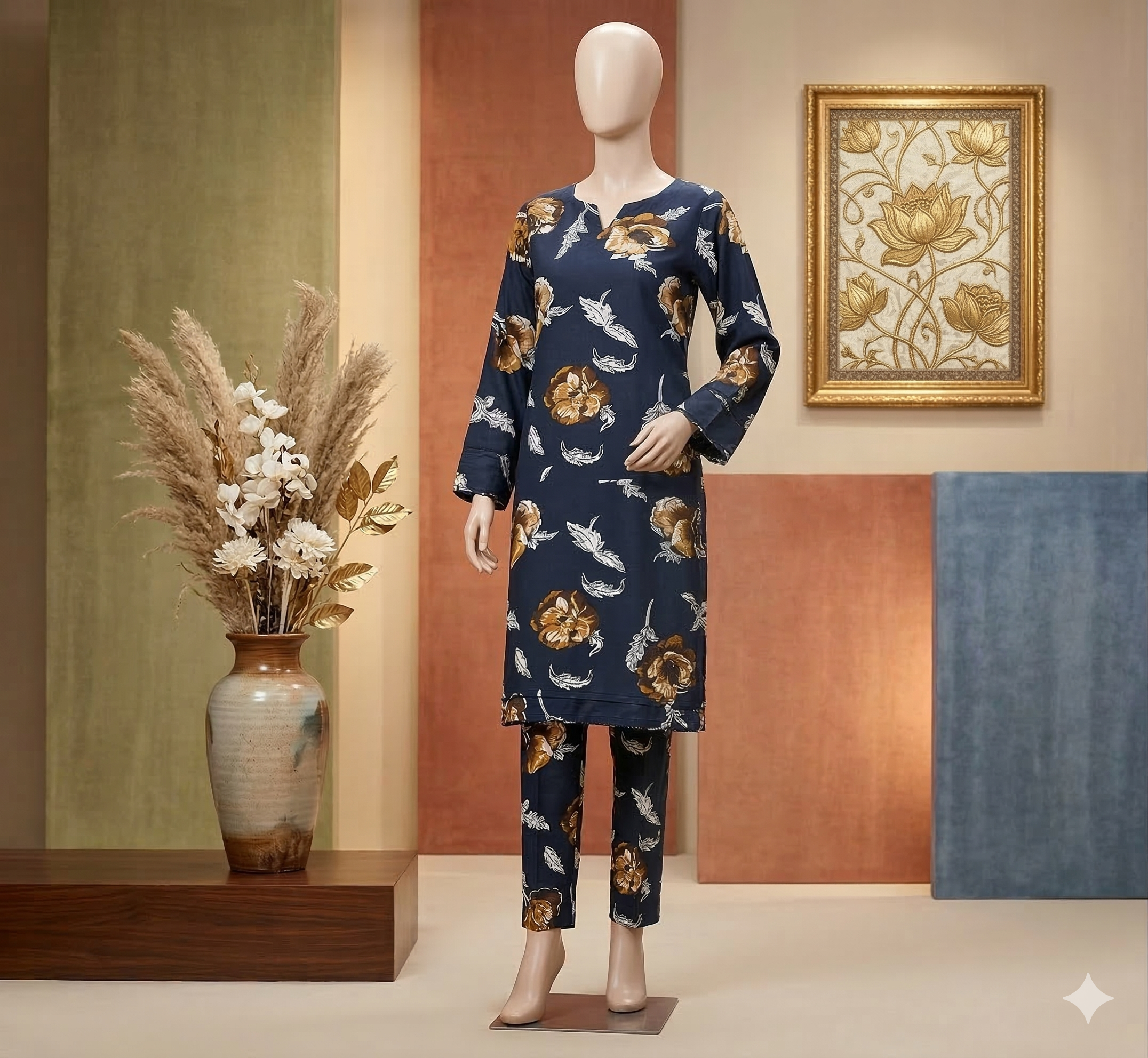 Midnight Navy Floral Print 2-Piece Co-ord Set – Cotton Kurta & Trouser (PCU 5022)