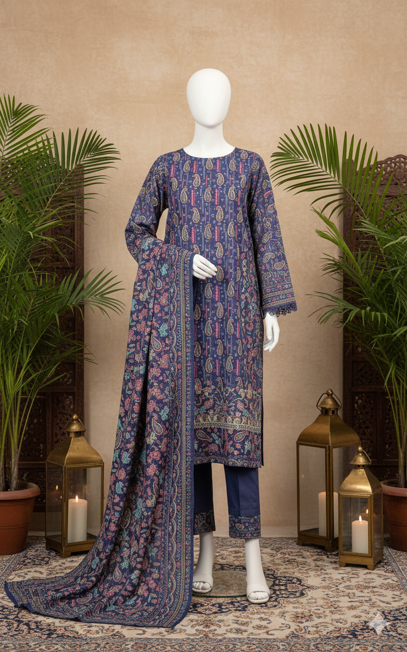 Deep Plum & Midnight Blue Luxury Lawn – Unstitched Premium Series (LPU 5058)