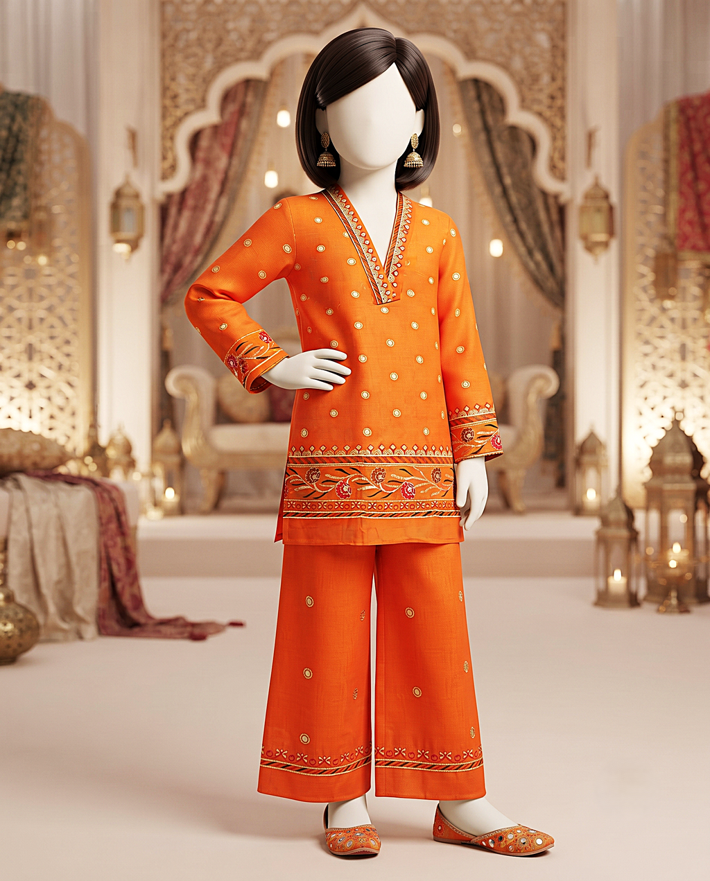 Kids 2-Piece Vibrant Orange Embroidered Unstitched Lawn Suit