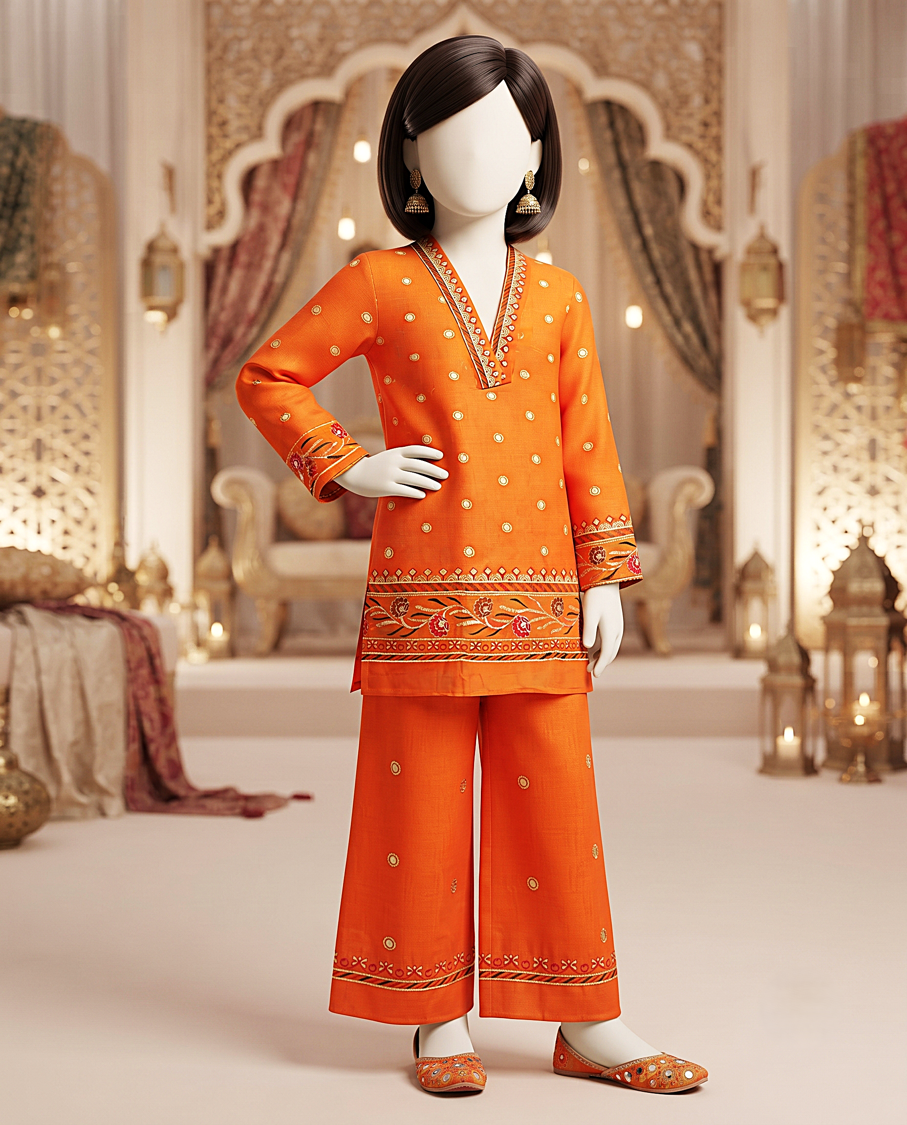 Kids 2-Piece Vibrant Orange Embroidered Unstitched Lawn Suit