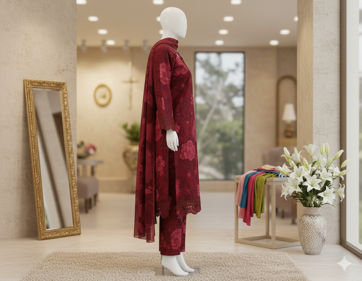 Mannequin wearing a red patterned outfit in a stylish room with decor elements.