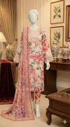 Front view of Dusty Blue Embroidered 3-Piece Lawn Suit with Floral Digital Print