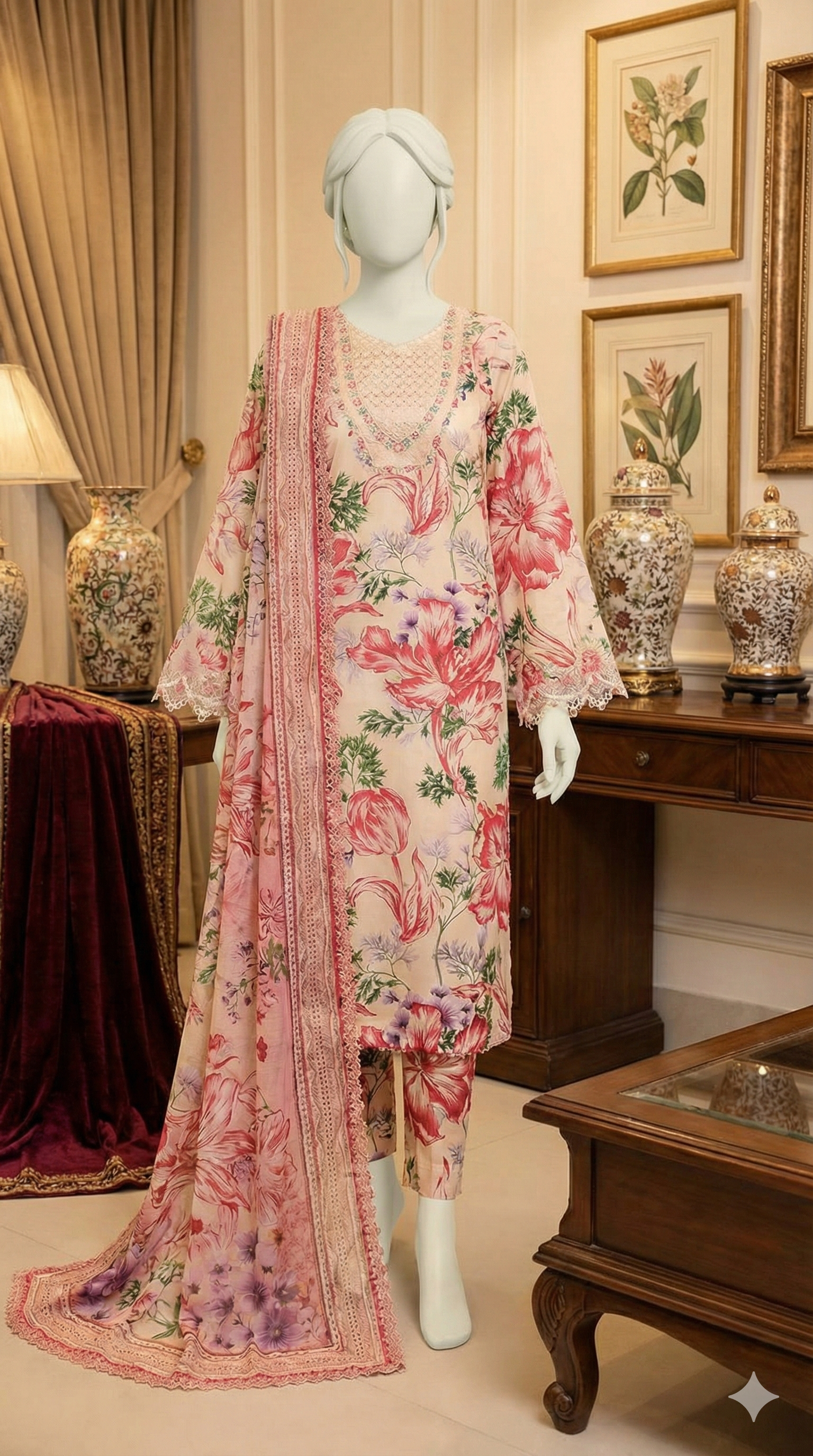 Front view of Dusty Blue Embroidered 3-Piece Lawn Suit with Floral Digital Print