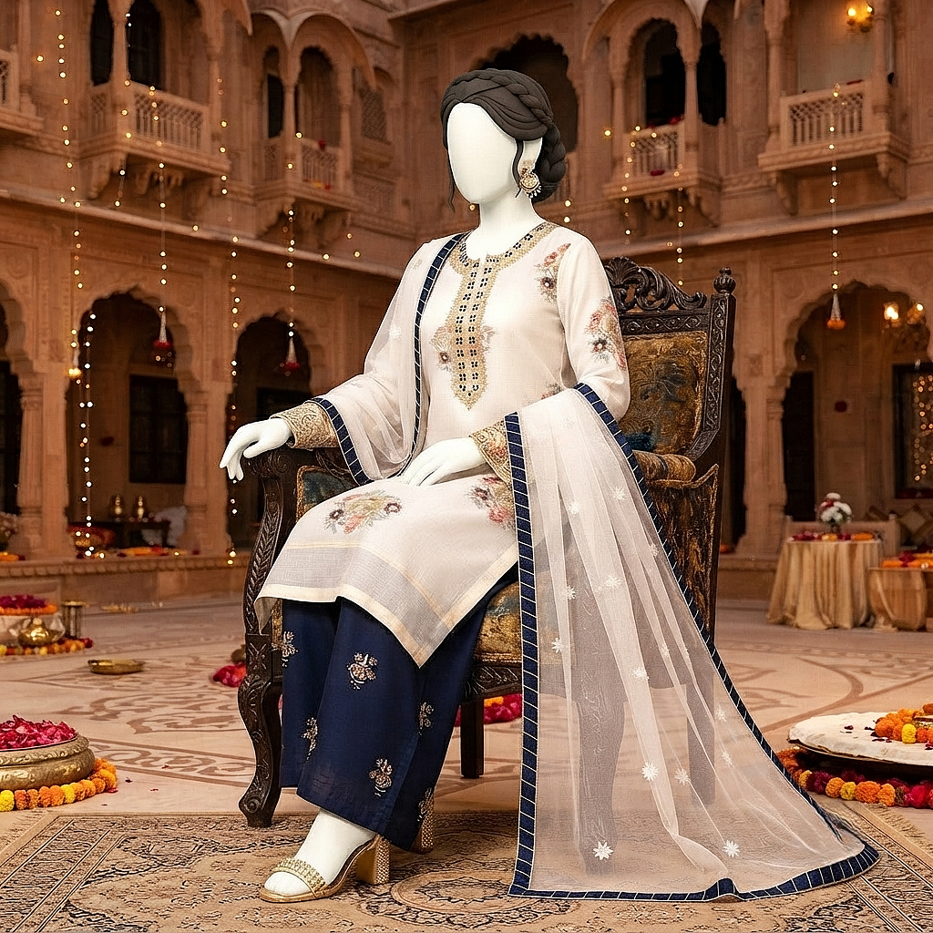 3-piece unstitched embroidered lawn suit with a matching trouser and dupatta displayed on a mannequin.