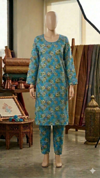 Midnight Blue Floral Print 2-Piece Set - Cotton Kurta & Trouser (PCU 5022)