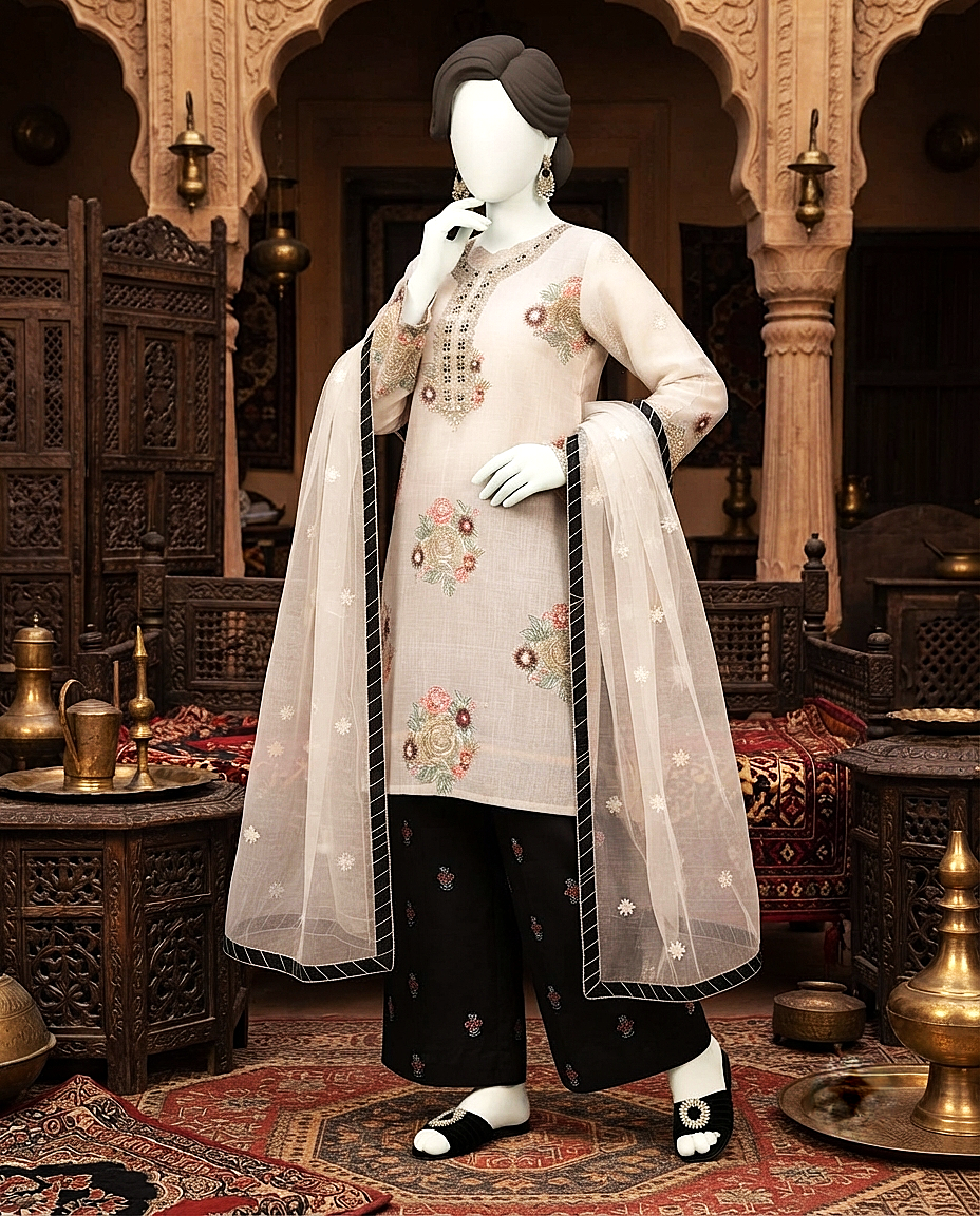 3-piece unstitched embroidered lawn suit with a matching trouser and dupatta displayed on a mannequin.