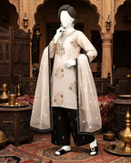 3-piece unstitched embroidered lawn suit with a matching trouser and dupatta displayed on a mannequin.