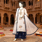 3-piece unstitched embroidered lawn suit with a matching trouser and dupatta displayed on a mannequin.