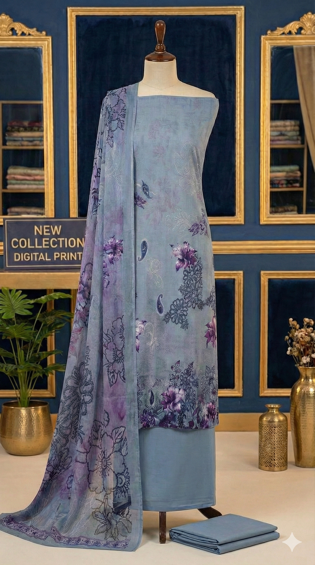 Mannequin wearing a blue dress with a matching floral scarf in a decorative room.