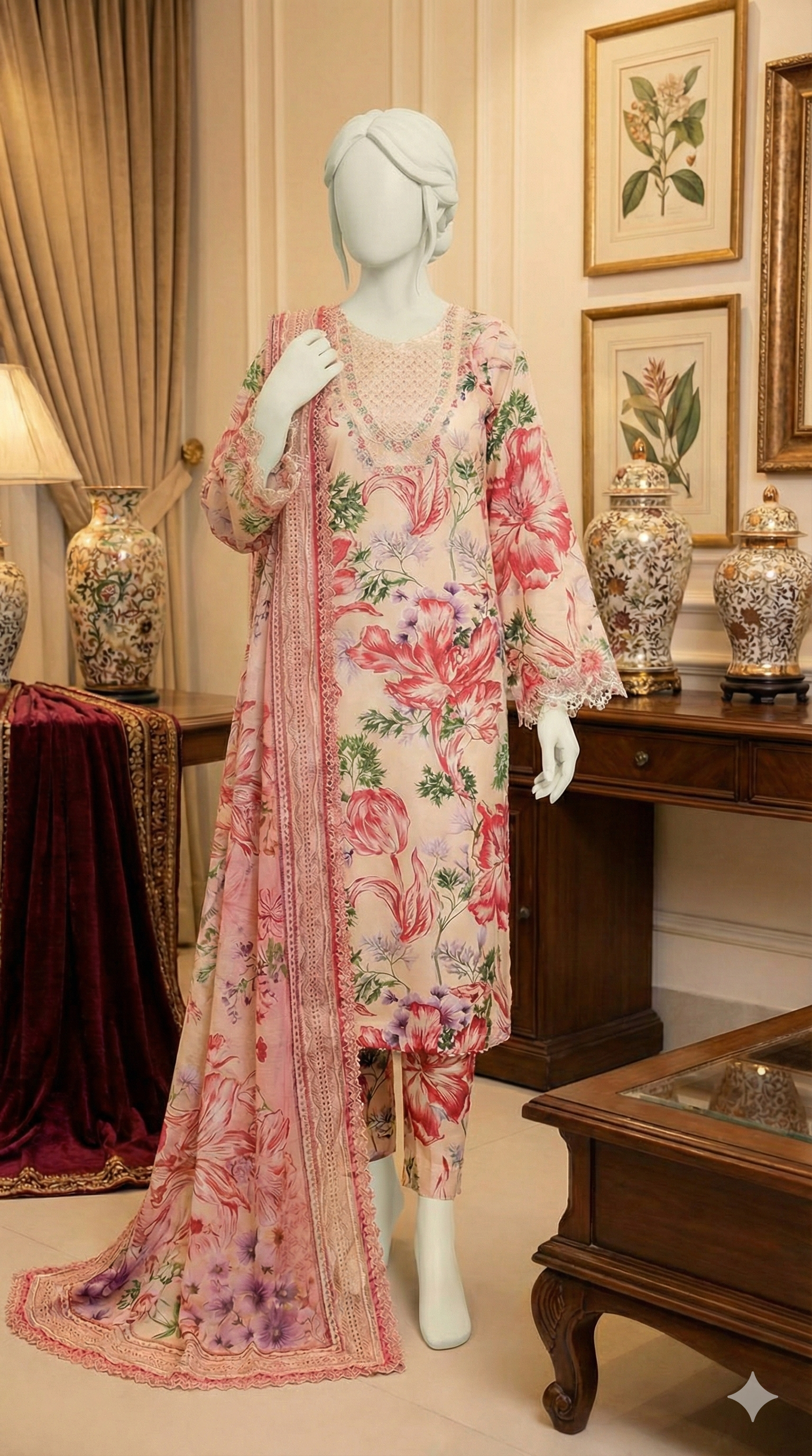 Mannequin wearing a floral dress in an elegant room with decorative elements.