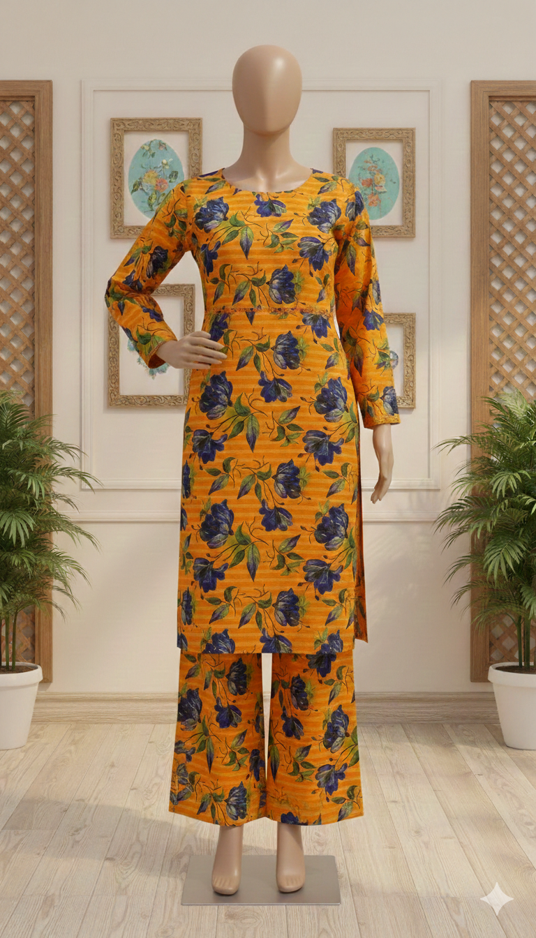Botanical & Floral Print 2-Piece Co-ord Set | Long Kurta & Trouser Ensemble (PCU 5022)