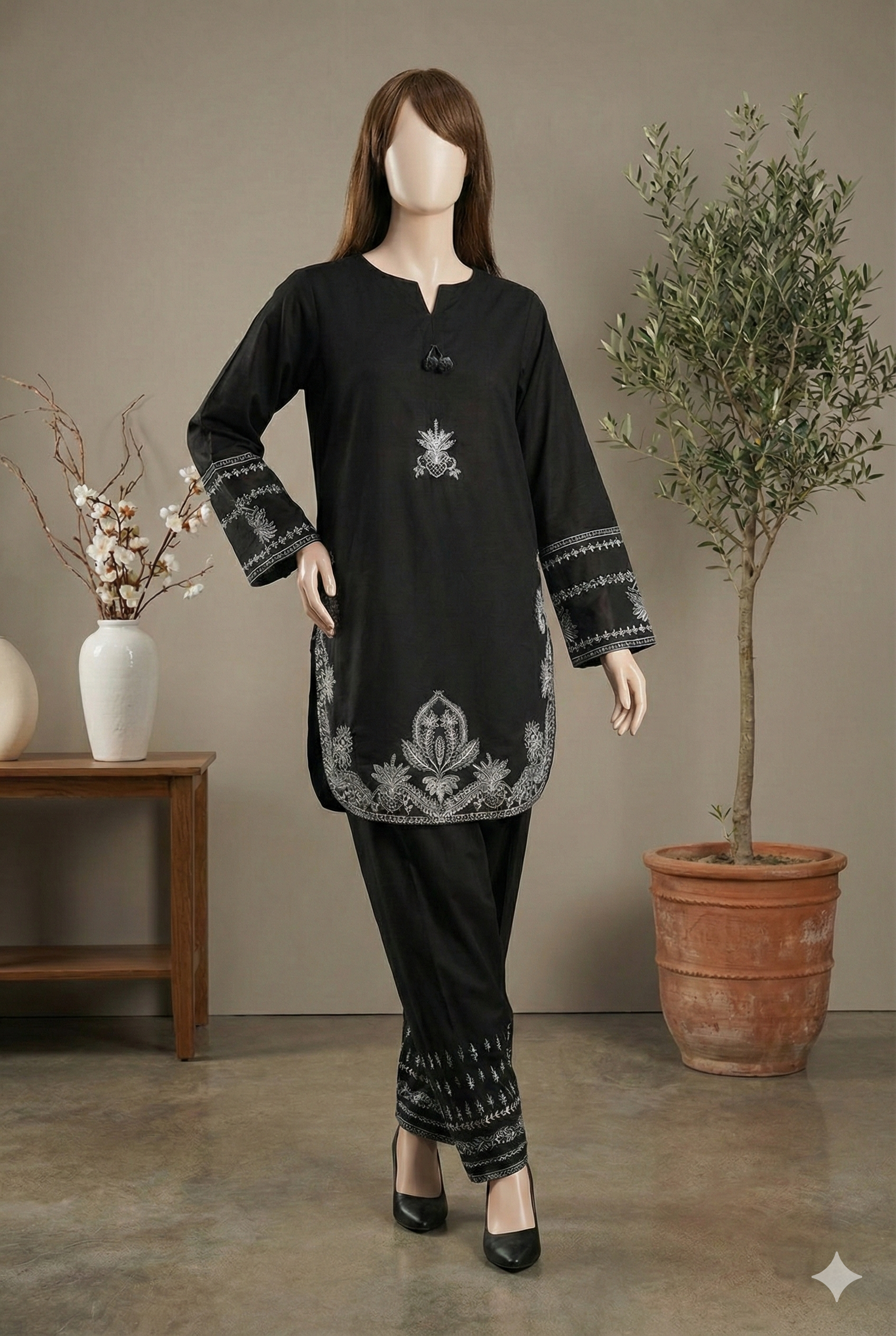 ZH2 "Midnight Onyx" Embroidered Unstitched Lawn Suit – Contrast Silver Edition (LEU 5048)