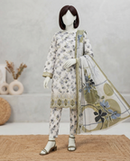 Olive and white 3-piece unstitched embroidered lawn suit with a floral printed dupatta displayed on a mannequin.