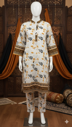 ZH2 Leaf Print Unstitched Suit | Red & Mustard Cotton 2-Piece (PCU 5023)