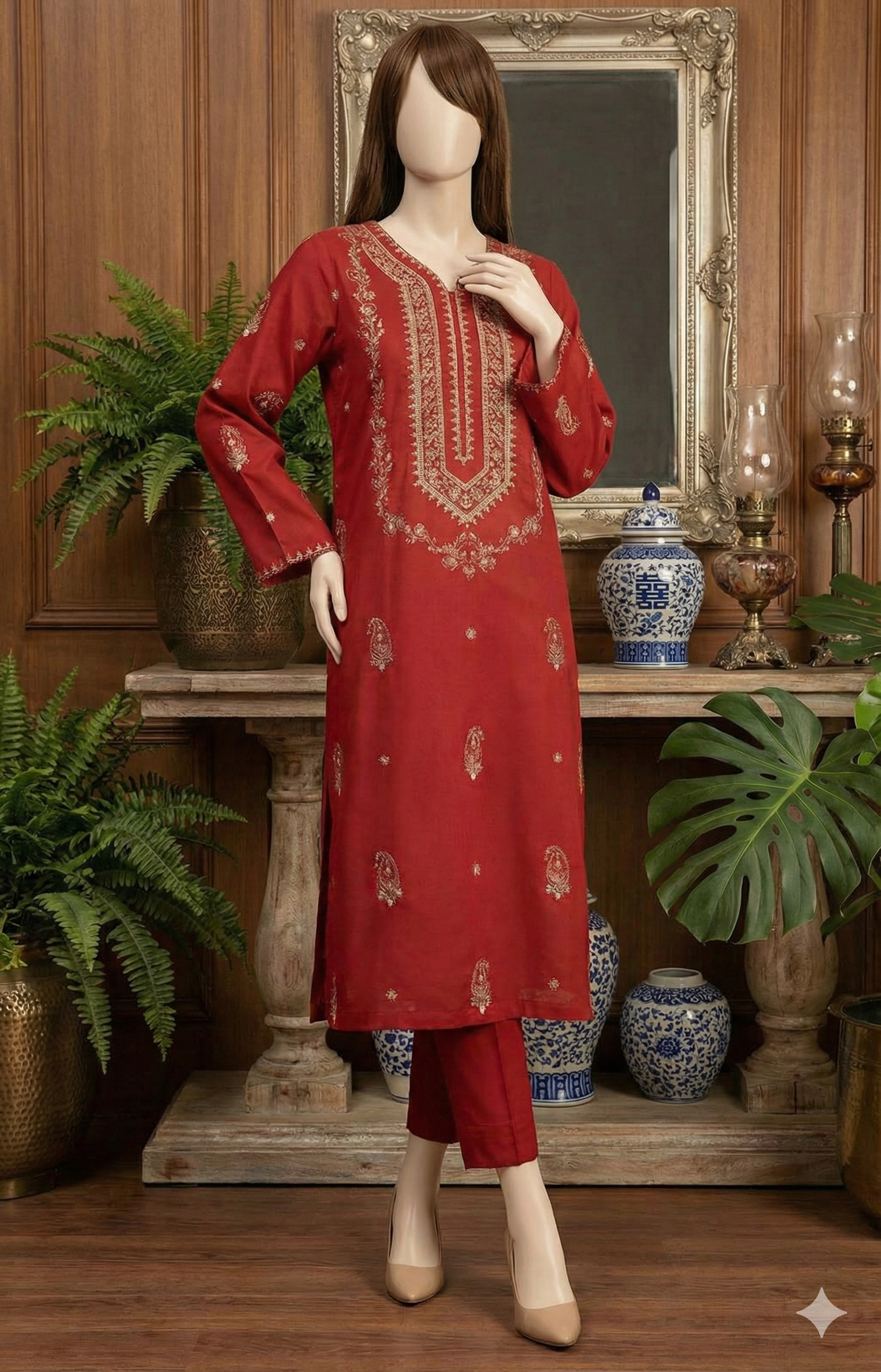 Ruby Crimson – 2-Piece Embroidered Unstitched Cotton Suit (LEU 5043)
