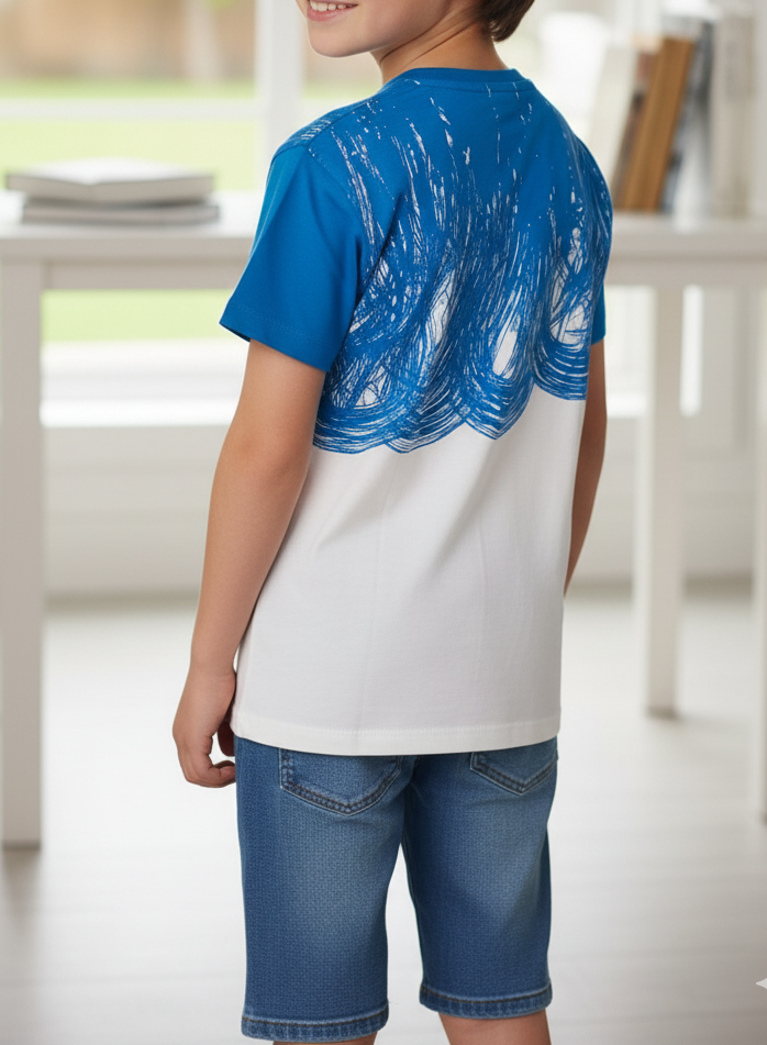 Vibrant Blue & White Abstract Graphic T-Shirt | Artistic Short Sleeve Tee | Unisex Cotton Casual Wear (1014)