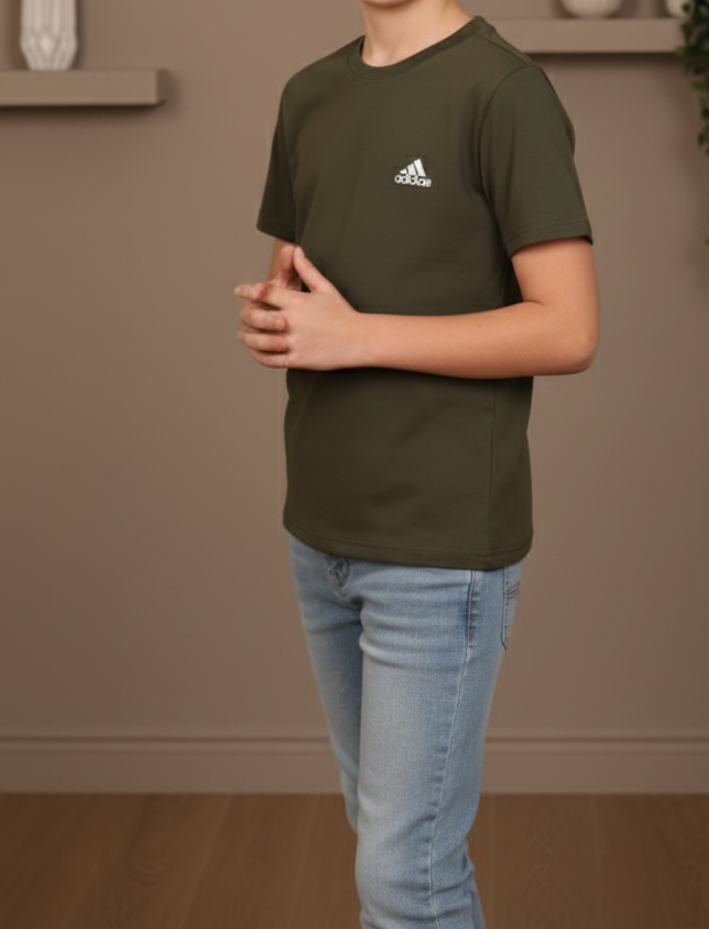 Boys' Adidas Olive Green T-Shirt | Classic Crew Neck Short Sleeve Tee | Casual Sports Essential Top | Military Green Cotton Blend (1008)