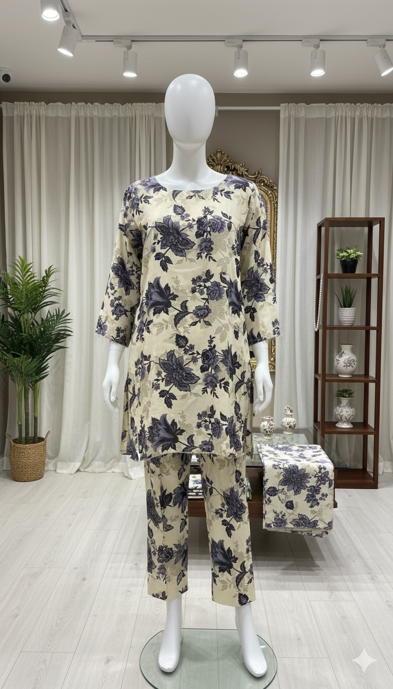 ZH2 Premium Cotton 2-Piece Suit | Floral Print Unstitched Cotton Fabric (PCU 5022)