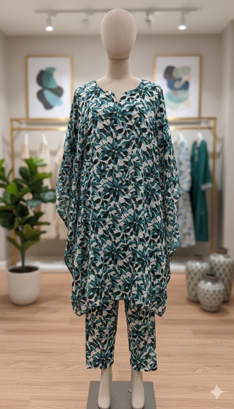 ZH2 Teal Botanical Leaf – 2pc Premium Cotton Unstitched Suit (PCU 5022)