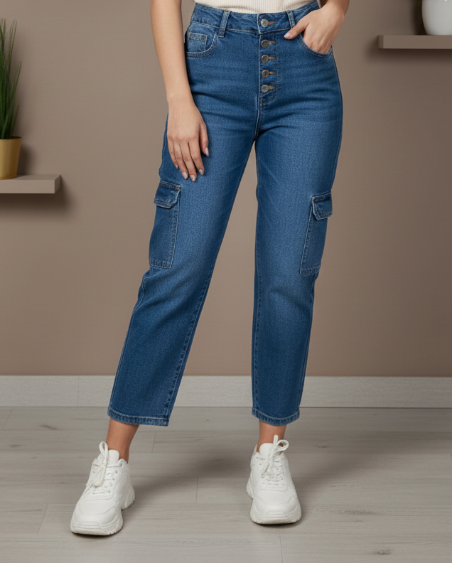 Women's High-Waisted Cargo Denim Jeans – Medium Wash (1034)