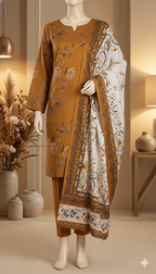 3-Piece Unstitched Printed Lawn Suit - Mustard Flora (LPU 5050)