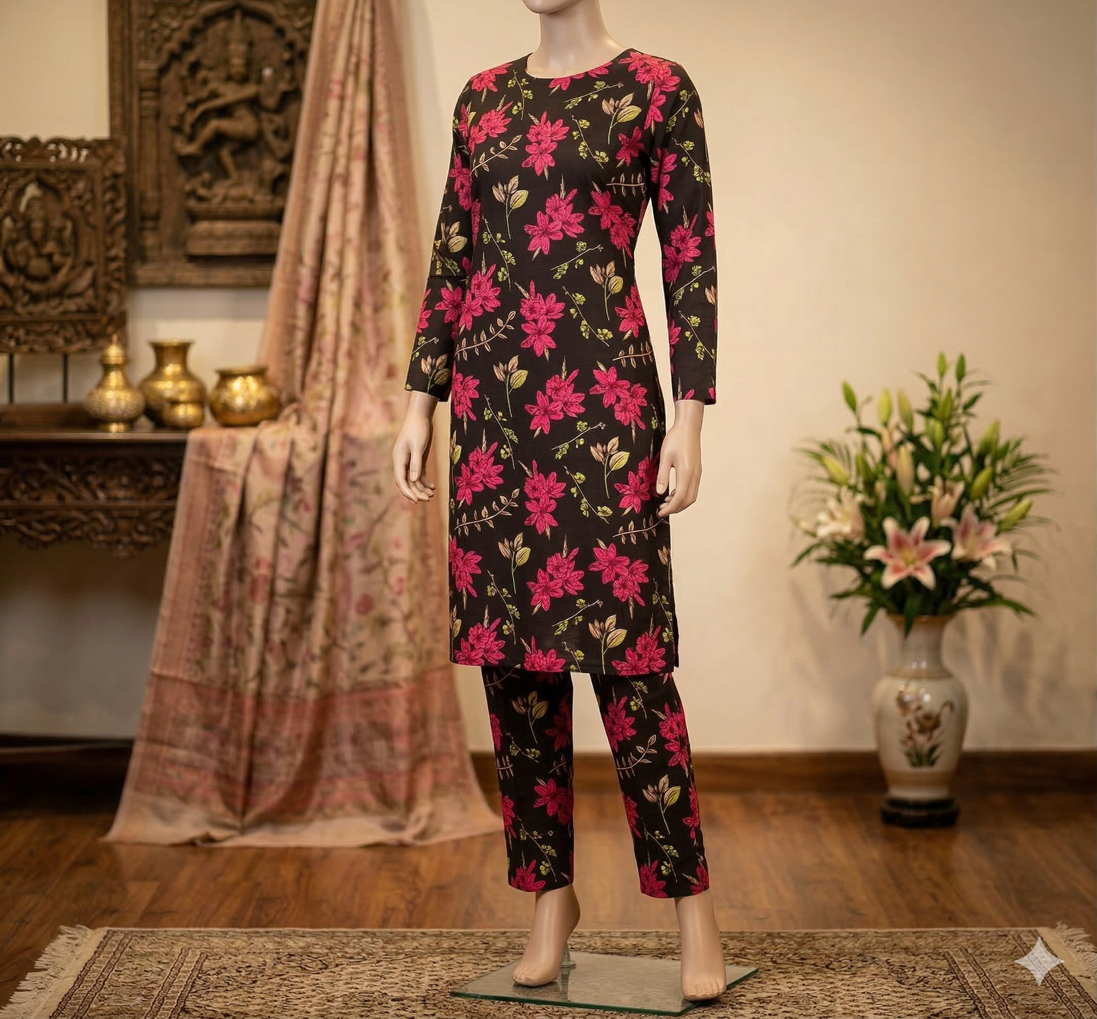 Midnight Crimson Floral Co-ord Set – Printed Long Kurti & Straight Trousers (PCU 5022)