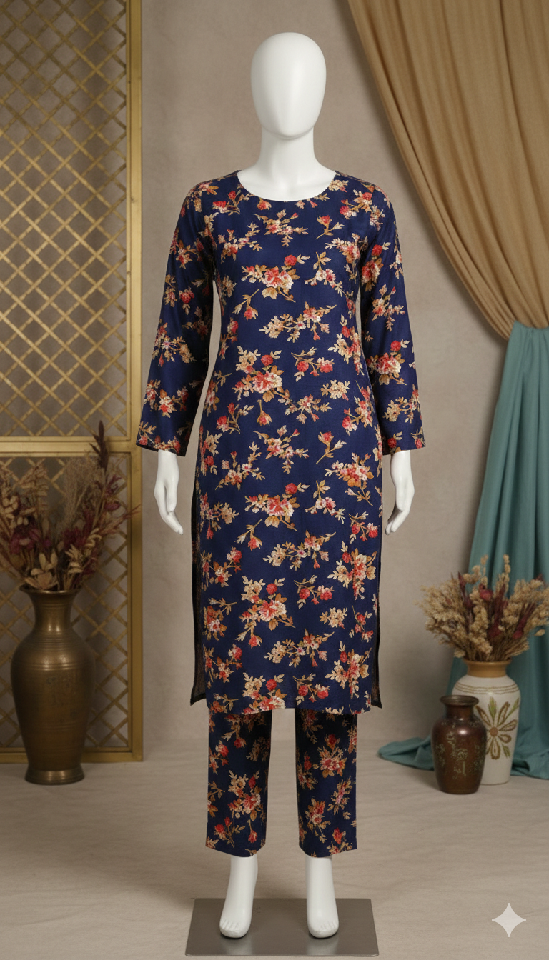 ZH2 Midnight Navy Blossom – 2pc Premium Cotton Unstitched Suit (PCU 5022)