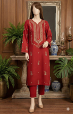 Ruby Crimson – 2-Piece Embroidered Unstitched Cotton Suit (LEU 5043)