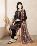 Midnight black 3-piece unstitched embroidered lawn suit with a vibrant patterned dupatta displayed on a mannequin.