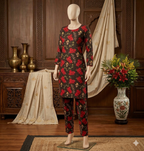 Midnight Crimson Floral Co-ord Set – Printed Long Kurti & Straight Trousers (PCU 5022)