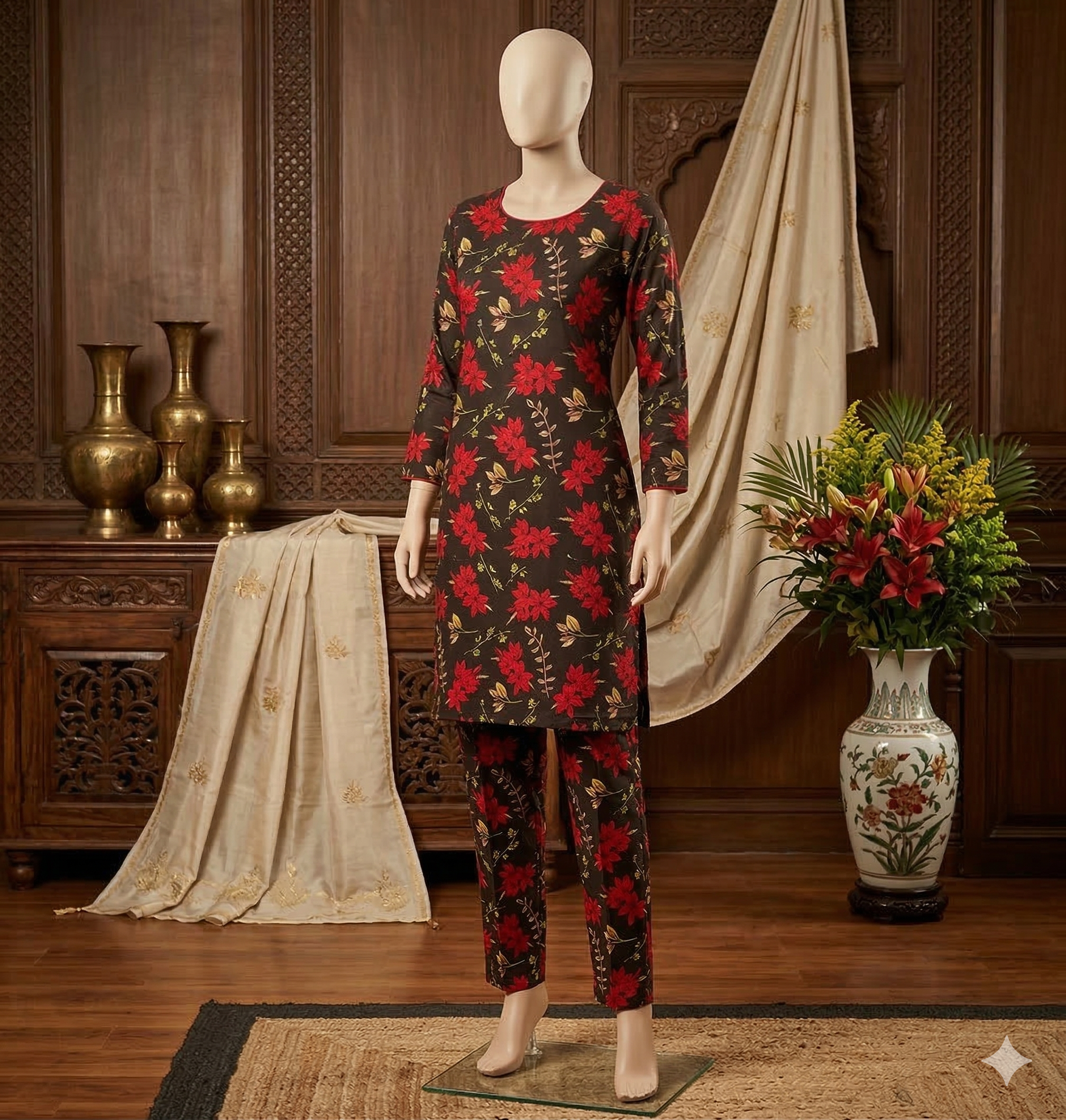 Midnight Crimson Floral Co-ord Set – Printed Long Kurti & Straight Trousers (PCU 5022)