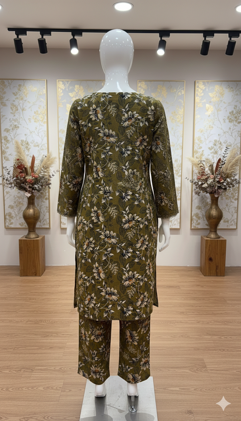 ZH2 Vintage Olive Garden – 2pc Premium Cotton Unstitched Suit (PCU 5022)
