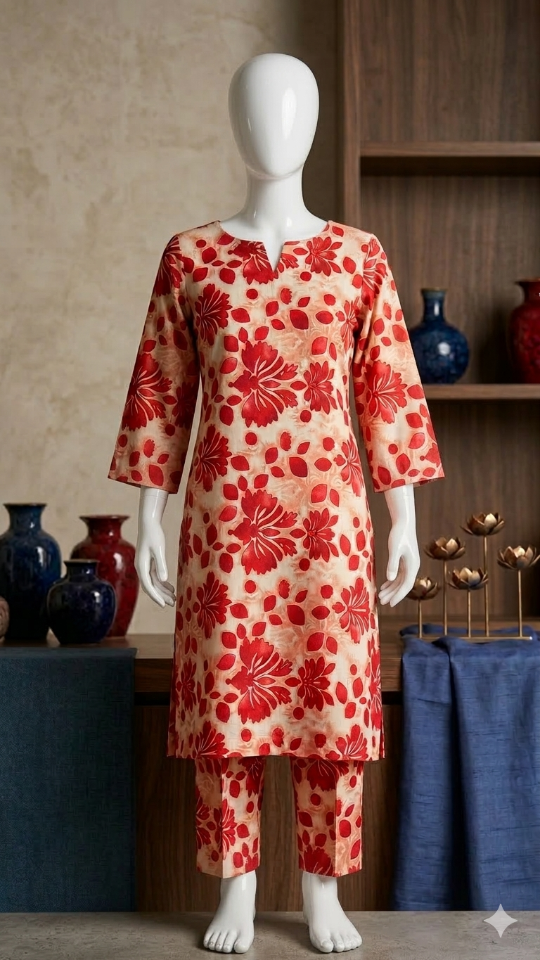 Red Floral Print Pure 2-Piece Cotton Suit (PCU 5022)