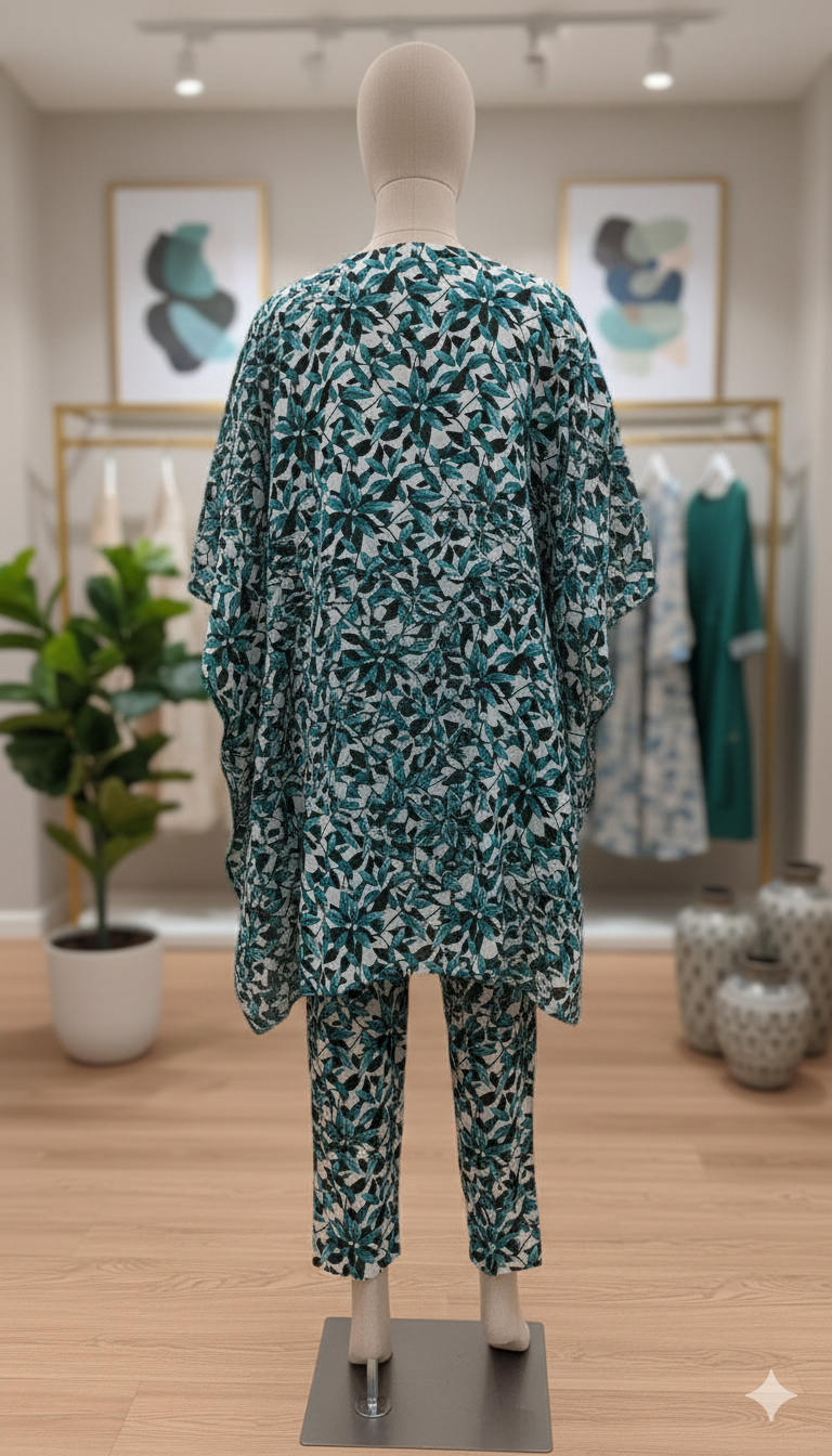 ZH2 Teal Botanical Leaf – 2pc Premium Cotton Unstitched Suit (PCU 5022)