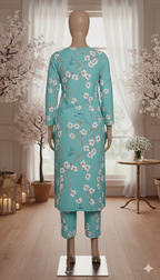 ZH2 Premium Cotton 2-Piece Unstitched Suit - Aqua Teal Floral (PCU 5022)